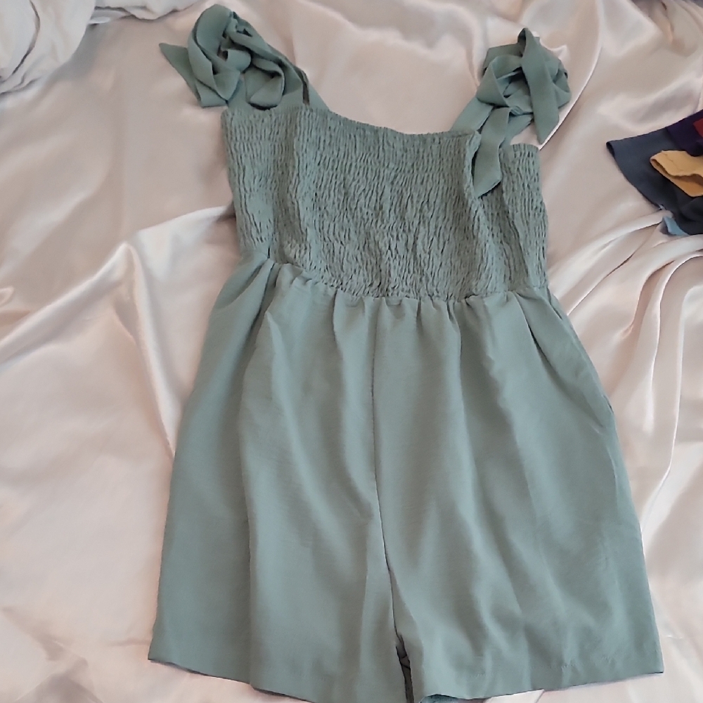 Sage Green Smocked Romper with Tie Straps